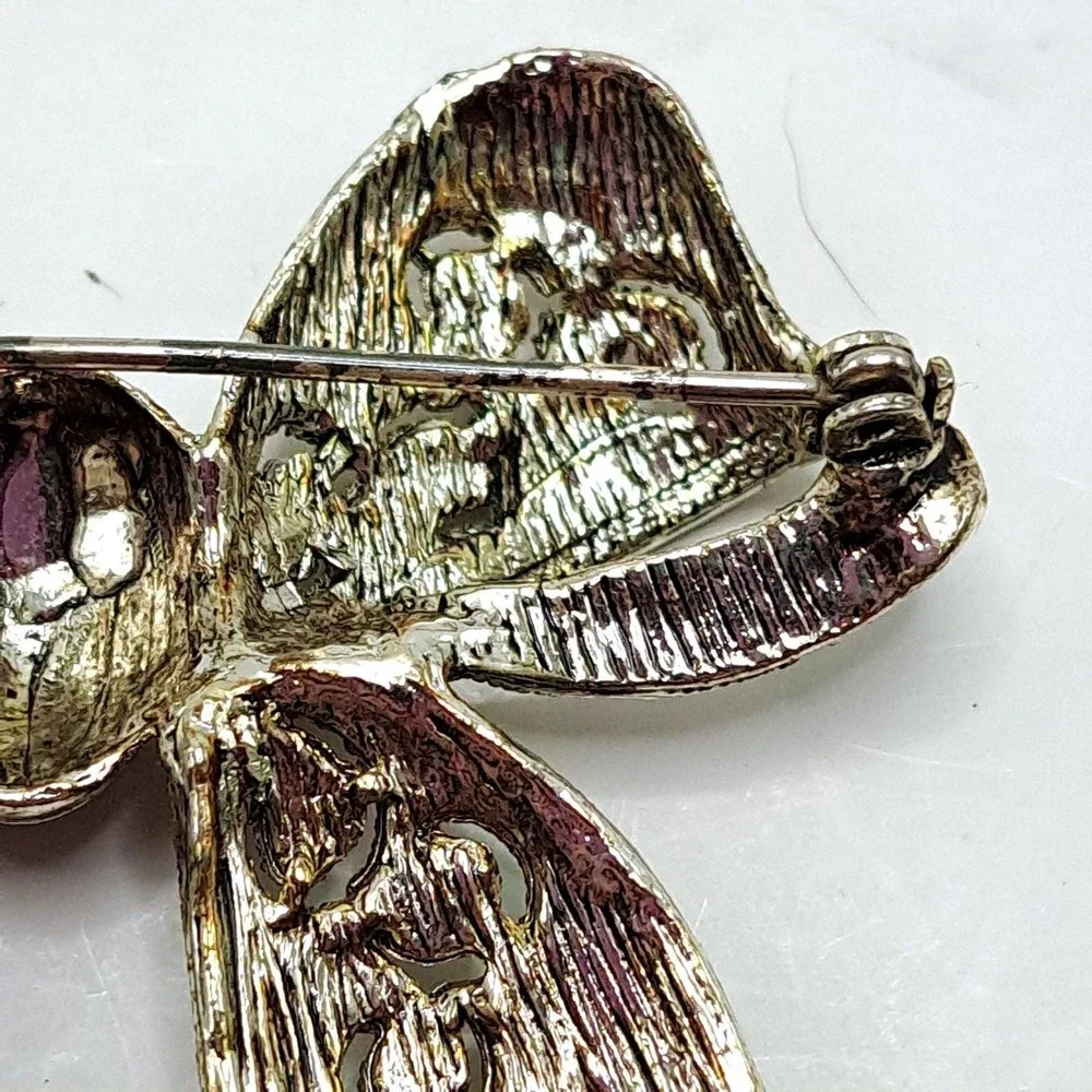 Vintage‎ Silver Tone Bow Brooch Marcasite Style Rhinestone Filigree Pin 2.5